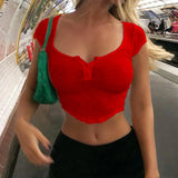 2026 Summer Sexy Crop Top Women T-shirt See Through Short Sleeve Buttons Low Cut Tee Shirts Club Sexy Short Tops Female