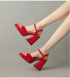 NASBAVI Women Patent Leather Sandals Super Chunky High Heeled Ankle Buckle Shoes Platform Summer Thick Heel Sandal Ladies 35-43