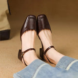 Plus Size 34-41 Women's Sheepskin Narrow Band T-strap Square Toe Summer Sandals 3.5cm Thick Low Heel Elegant Ladies Dress Shoes