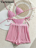 With Shorts Striped Halter Bikini Female Swimsuit Women Swimwear Three-Pieces Bikini Set Padded Bather Bathing Suit Swim V7159