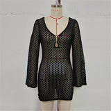 V Neck Long Sleeve Hollow Out Crochet Knitted Tunic Beach Cover Up Cover-ups Beach Dress Beach Wear Beachwear Female Women V7643