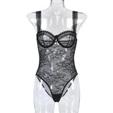 Toucheart Sexy Mesh Patchwork Embroidery Jumpsuit For Women Lace Sling Underwear Solid Color Sexy See-Through Backless Jumpsuit