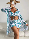 New Sexy 3 Pieces Suit for Women Neck Hanging Bikini Set+Cover-up Swimwear Sunproof Tankini High Waist Shorts Swimsuit Beachwear
