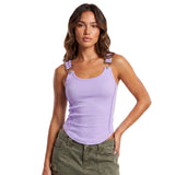 Women's Solid Color Ribbed Tank Tops Stylish Sleeveless Camisole with Metal Buckle Straps and Curved Hemline