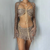 Glitter Sequins Knitted Skirt Sets Women Fashion Hollow Sequins Bandage Tube Top Mini Skirts 3 Piece Outfit Vacation Clothing