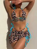 2026 Summer Leopard Print 3 Pieces Suit Swimwear Reversible Sexy Halter Lace-up Bikini Set Drawstring Skirt Cover Up Beachwear