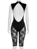 FDYOUI Women's Backless Sleeveless Bodysuits 2026 Summer Sexy Buttons Hollow Out Lace Jumpsuits Night Club Overalls Black Red