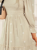 Women Spring Fall Long Dress Long Sleeve Dress Square Neck Embroidery Flower Loose Swing Dress Wit Pocket