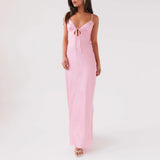 Women Cami Dress Solid Color Sleeveless Tie-Up Front Backless Dress Long Dress Summer Casual Dress