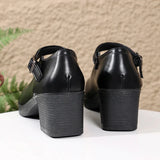 Plus Size 42 Black Thick Heels Pumps Women Classic Pu Leather Platform Mary Jane Shoes Woman Ankle Buckle Office High Heel Shoes