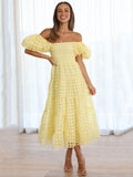 Foridol Off Shoulder Summer Spring Midi Dresses Women Casual Puff Sleeve A-line Beach Vestidos Yellow Beach Party New in Dress