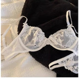 French Lace Bra & Panty Set w/Steel Rings Ultra-Thin Push-Up Bralette Small Bust Sheer White Sexy Lingerie Pure Seductive Style