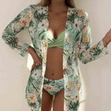 Boho Style Women's 3 Pieces Swimsuit Floral Bikini Set+Long Sleeve Cover-Up Swimwear Sexy Low Waist Tankinis Beachwear Holiday