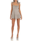 Women Fashion Double Layer Backless Cami Dress Summer Casual Floral Print Tie-Up Shoulder Strap Mini Dress Grey/Pink/Yellow