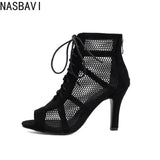 NASBAVI Women Latin Dance Boots Tango Party Shoes for Ladies Girls High Heels Ballroom Dance Shoes Mesh Rumba Samba Salsa Shoes