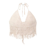 Boho Crochet Halter Top for Women Summer Beach Knit Crop Top with Tassels Backless Sleeveless Bralette