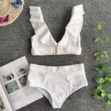 2026 New Sexy Bikini Women White Swimwear Swimsuit Ruffle V-neck Metal Buckle High Waist Beach Bikinis Set Bathing Suit Push Up