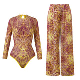 S - XL New Flower Printed Floral Long Sleeve With Pants One Piece Swimsuit Women Swimwear Female Bather Bathing Suit Swim V7099