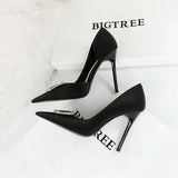 BIGTREE Pumps Elegant Pointed Crystal Buckle Slim High Heel Single Shoes Women Silk Spring/Summer High Heel Pumps Wedding Dress