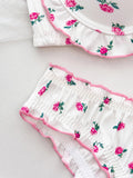 Sweet Floral Print Women Lingerie Set Bow Ruffle Trim Underwire Bra Comfy ladies Panties Daily Bra Set
