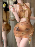 Butterfly Printed Dream Ancient Style Hollow Out Cheongsam Transparent Dress Charming Sleeveless Hanging Neck Pure Desire UQ9G