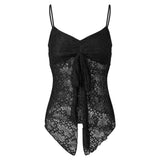 Women’s Spaghetti Strap Tank Tops Summer Sleeveless Tie Split Front Lace Sheer Vest Retro Sexy Corset Streetwear