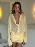 Fashion Solid Mesh Long Sleeved Backless Pleated Prom Dresses Chic Ruffle Bow Lace Up Women Mini Dresses Lady Spring Party Robe