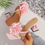 Pink Flower Thick Heeled Sandals Women Elegant Square Toe Party Wedding High Heel Shoes Woman Plus Size 43 Summer Sandalias