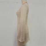 V Neck Long Sleeve Hollow Out Crochet Knitted Tunic Beach Cover Up Cover-ups Beach Dress Beach Wear Beachwear Female Women V7643