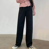 Women High Waist Straight Wide Leg Pants Solid Color Suit Pants Elastic Slant Pockets Loose Office Trousers