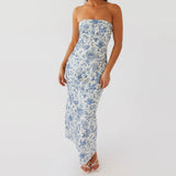Women's Summer Sleeveless Strapless Long Dress Stylish Floral Print Sleeveless Tube Bodycon Dresses