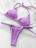 PU Pleated Ruched Bikinis Mini Micro Thong Bikini Women Swimwear Female Swimsuit Two-pieces Bikini Set Halter Bathing Suit Swim