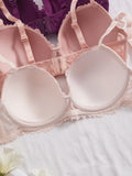 3Pcs Floral Lace Women's Underwear Set Daily Push-Up Bra Rhinestone Breathable Mesh Bra for Women