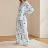 Women Christmas Pajamas Long Sleeve Tie-up V Neck Tops and Pants Loose Fall Winter Two Piece Loungewear