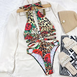 Sexy Rose Leopard Print Metal Ring Swimsuit One Piece Hollow Out Bikinis Swimwear Bodysuits Women Biquini Bathing Suits Tankini