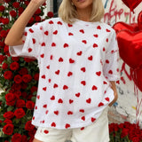 Summer T-Shirt Women Casual Loose Fit Stylish Love Heart Print Crew Neck Short Sleeve Tops