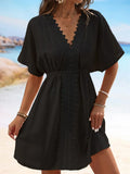 V Neck Lace Short Sleeve Tunic Beach Cover Up Cover-ups Beach Dress Beach Wear Beachwear Female Outfits Bathing kaftan for Women