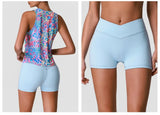Sports Training Fitness Set Women Summer Ice Tie Dye Gradient Floral T Shirts High Elasticity Hip Lifting Shorts Yoga Sets