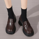 Brown Pu Leather Platform Loafers for Women British Style Round Toe Thick Heel Pumps Woman Slip On High Heels Office Shoes Lady