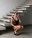 Toucheart 2PCS Lace See-through Hollow Out Sexy Interesting Thin Model Pajamas Panty Slim High Waisted Women Sexy Pajamas Set