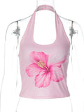 FDYOUI 2026 Summer Flower Print Pink Tank Tops for Women Casual Sexy Backless Crop Top Girls Sleeveless T-shirt Y2K Streetwear
