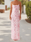 Women Summer Glitter Sequin Beaded Flower Cami Dress Slim High Split Spaghetti Strap Open Back Long Dresses for Party Club