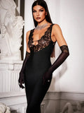 Ahagaga Lace Women's Party Maxi Dresses Solid Skinny V-Neck See Through Camisole Blackless Bodycon Sleeveless Vestidos Robes