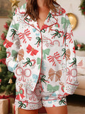 Women's 2025 Satin Christmas Pajama Set Long Sleeve Lapel Bow Print Shirt Wide Leg Shorts Loose Two Pieces Sleepwear