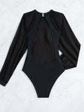 2026 Black Contrast Mesh Swimsuit One Piece Long Sleeve Swimwear Women Bathing Suit Female Swimming Summer Beachwear Bodysuit