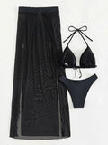 3D Flowers Ruffled Halter Long Skirt Bikini Women Swimwear Female Swimsuit Three-pieces Bikini Set Bathing Suit Swim Beach Wear