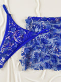 Sexy Shiny Sequin Blue White Bikini Set Women 3D Mesh Flower Cover Up 3 Piece Thong Swimsuit Beach Holiday Bathing Suit Swimwear