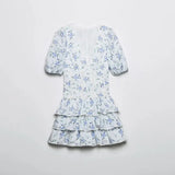 Foridol Blue Flower Print Women Tiered Mini Aummer Autumn Beach Dress Puff Sleeve Vintage Party Cotton Short Boho Lace Dress