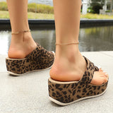 Leopard Print Thick Bottom Sandals for Women 2026 Summer Clip Toe Platform Sandles Woman Plus Size 43 Non Slip Wedges Slippers