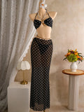 Polka Dots with Mesh Skirt Halter Shell Bikini Women Swimwear Female Swimsuit Three-pieces Bikini Set Bather Bathing Suit Swim